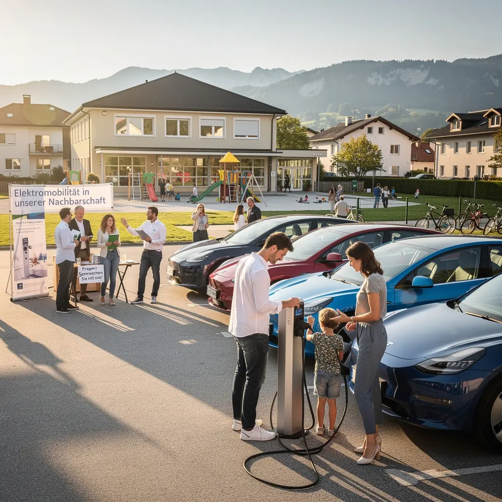 Familien, die ihr Elektroauto an einer Gemeinschaftsladesäule aufladen.