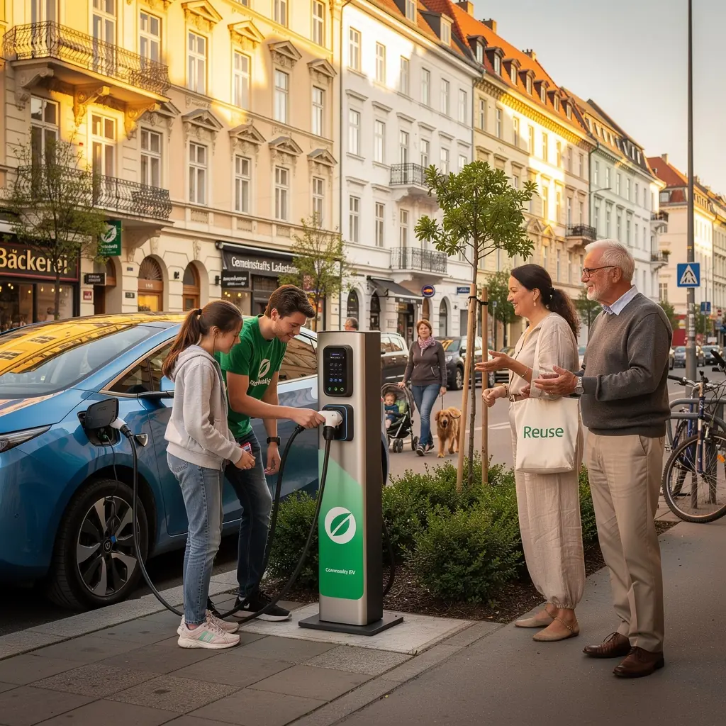 Laden von Elektrofahrzeugen an einer modernen Ladestation in einem Wohnviertel