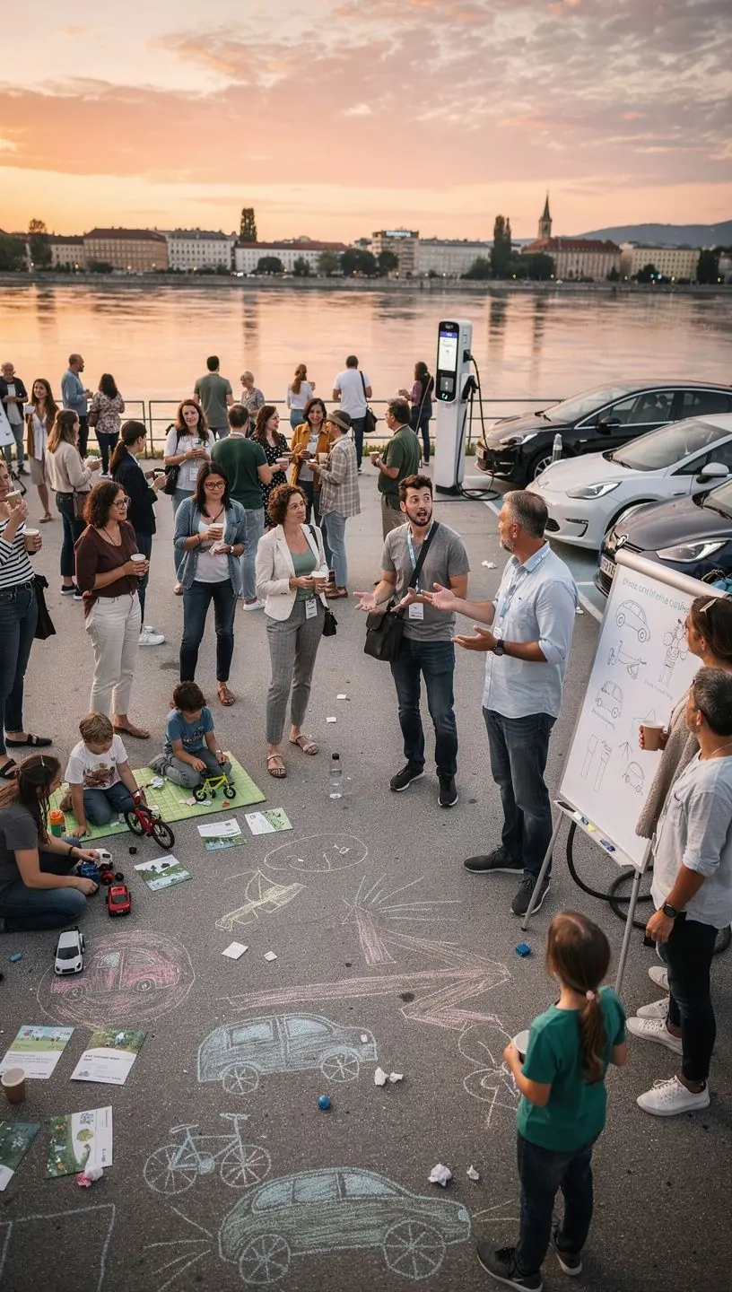 Ein Stadtteil mit mehreren Elektroauto-Ladepunkten und modernen Wohngebäuden.