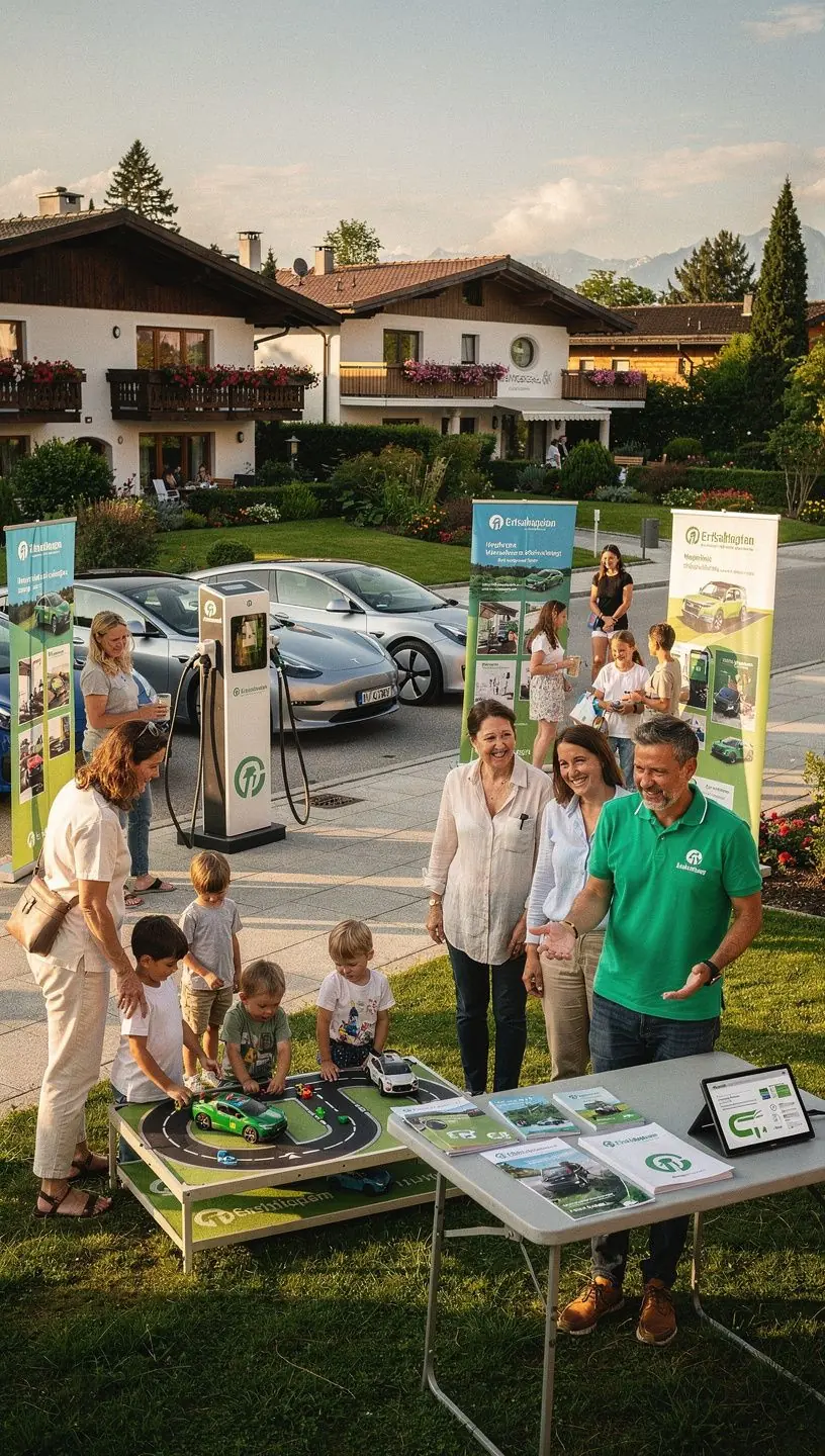 Ein Elektrofahrzeug, das an einer Ladestation in einer Wohngegend aufgeladen wird.