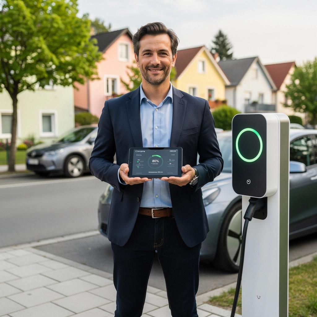 Elektromobilität: Ein Nachbar, der sein Fahrzeug an einer Ladesäule anschließt.