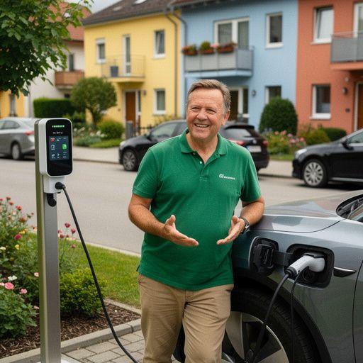 Kinder spielen in der Nähe eines Ladepunktes für Elektroautos in der Wohngegend.