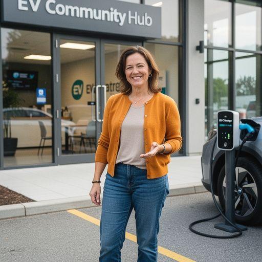 Abendliche Szenerie mit beleuchteten Ladesäulen und Elektrofahrzeugen in der Nachbarschaft.